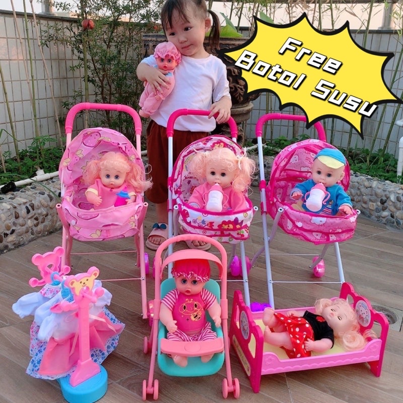 Cute Doll Stroller With Doll Carriage Foldable Pushchair Toy Plays Set