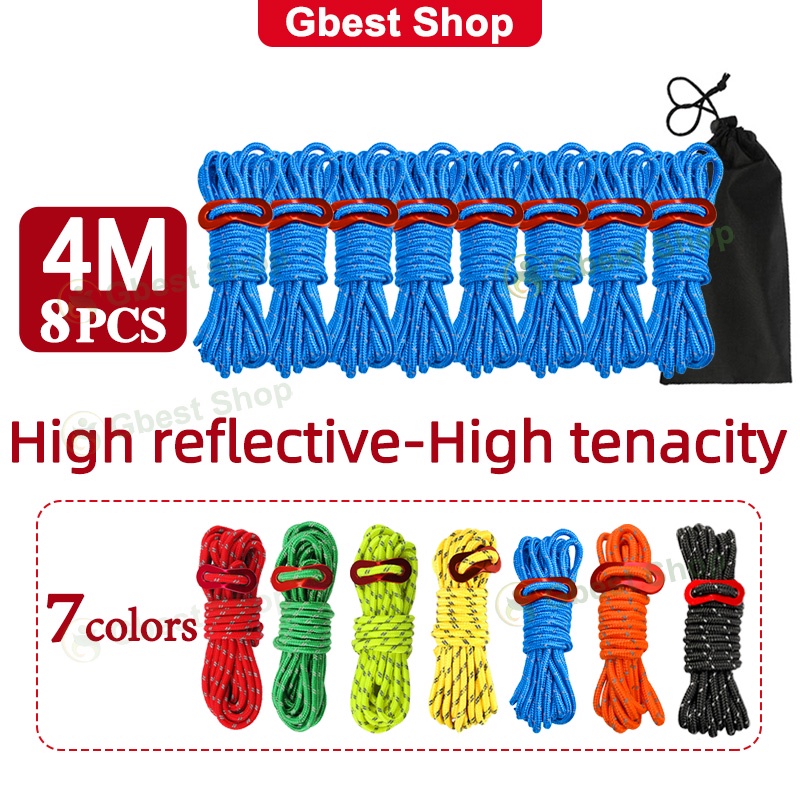 4M 8Pcs Tent Rope Camp Canopy Flysheet Guide Rope Metal Fitting Set ...