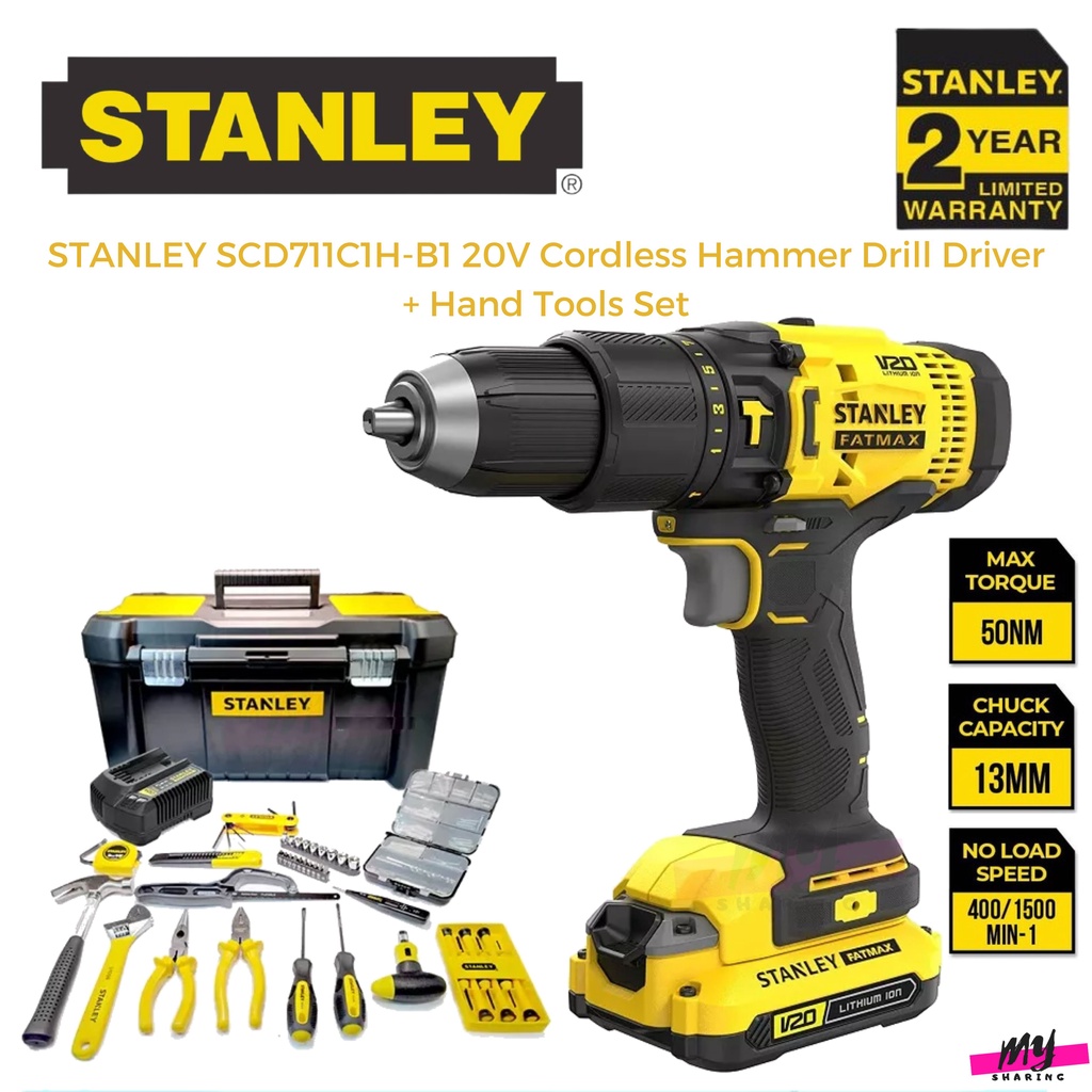 STANLEY SCD711C1HB1 20V Brush Hammer Drill, Hand Tools Set, 1 x 2.0 Ah