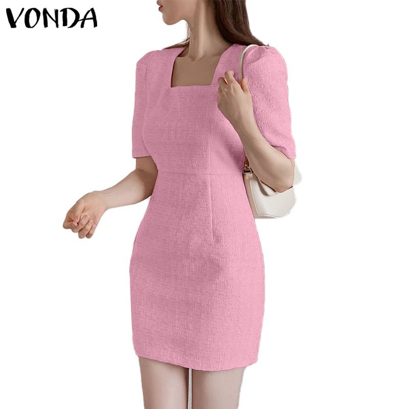 Vonda Women Korean Summer Square Neck Short Sleeve Solid Color Back Zipper Tunic Mini Dress