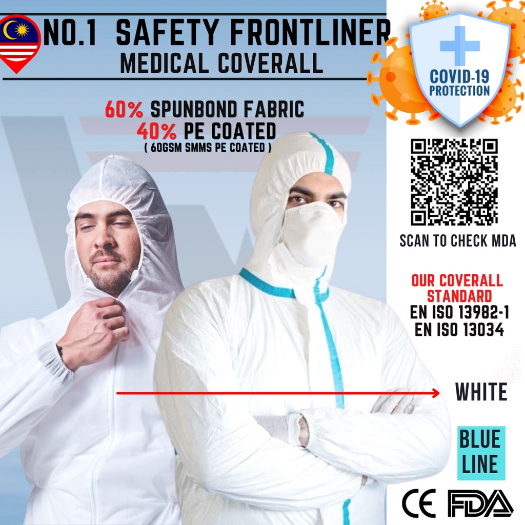 Frontliner Ppe White Blue Line Medical Coverall Isolation Suit