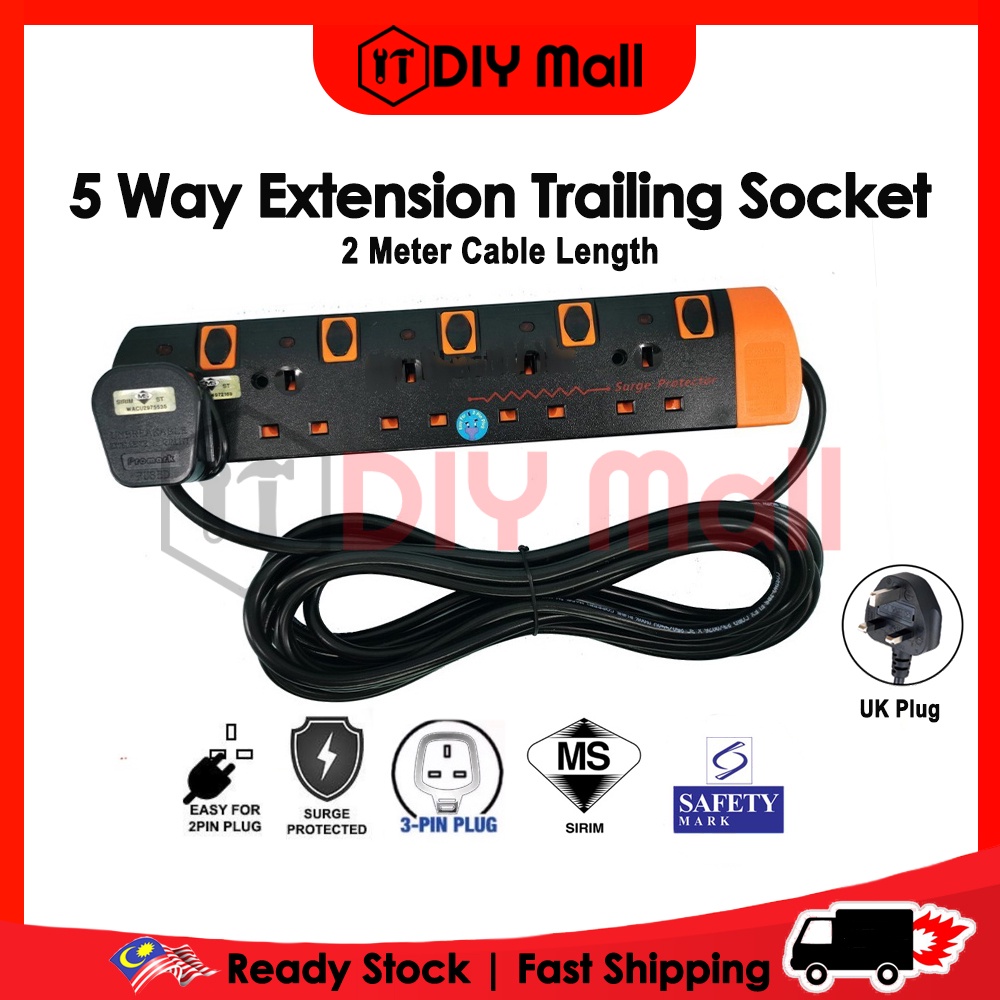 DIYMALL SIRIM Approved 5 Way Extension Trailing Socket 2 Meter Surge ...