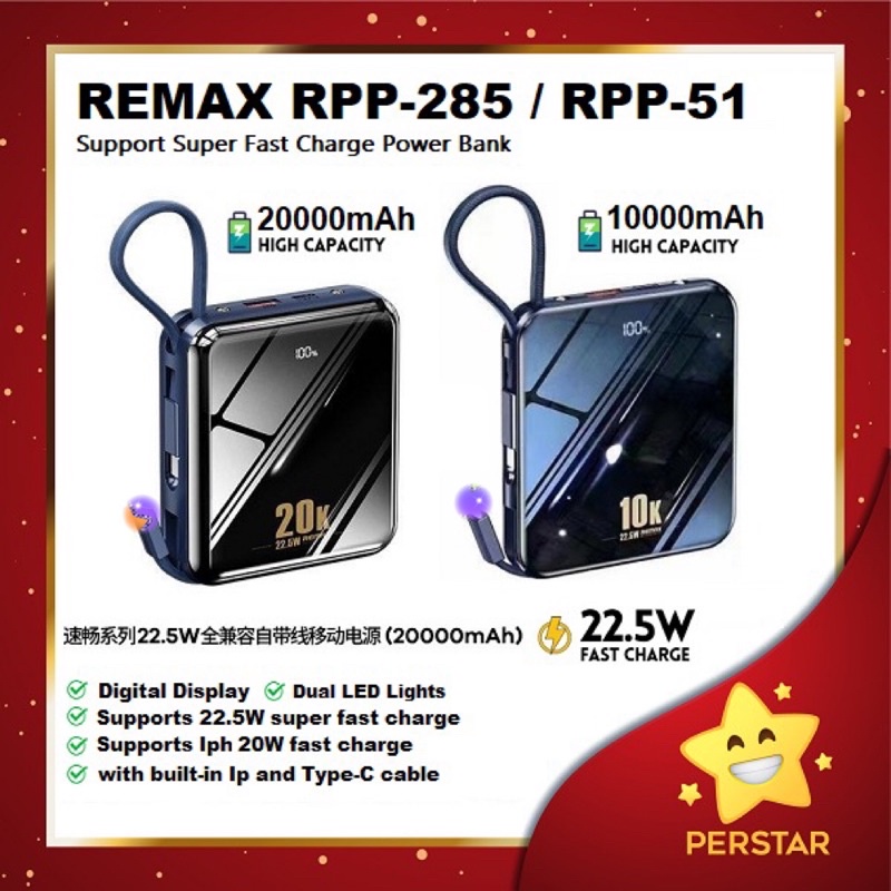 [ built-in Cable ] REMAX RPP-51 / RPP 285 Sucha Series Super Mini 22.5W ...