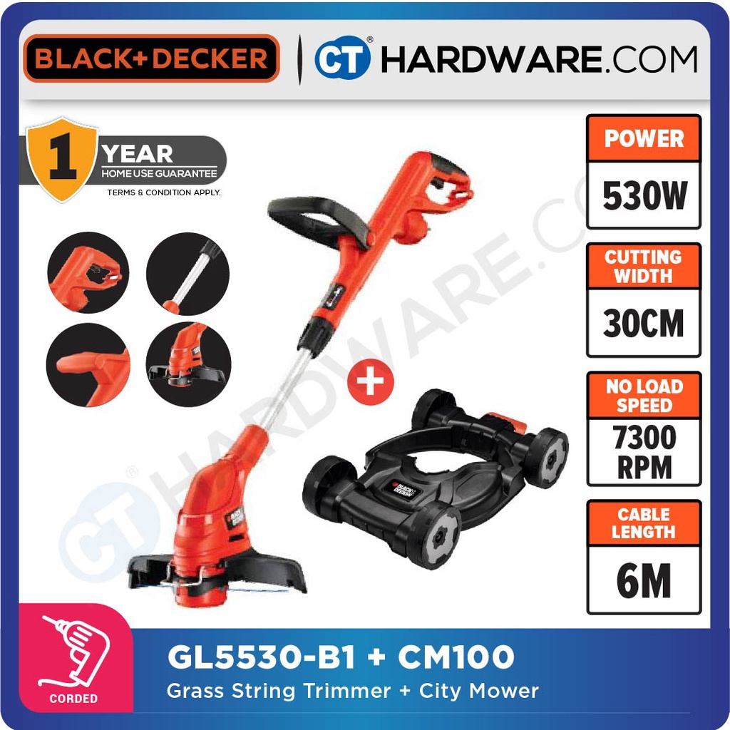 BLACK & DECKER GL5530 550W Grass String Trimmer + CM100 Compact City Mower  Removable Deck Grass Trimmer