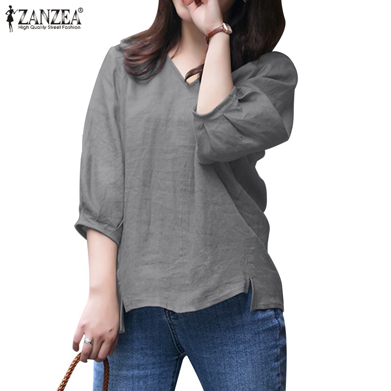 ZANZEA Women 3/4 Sleeved V-Neck Holiday Baggy Causal Solid Color Blouse ...