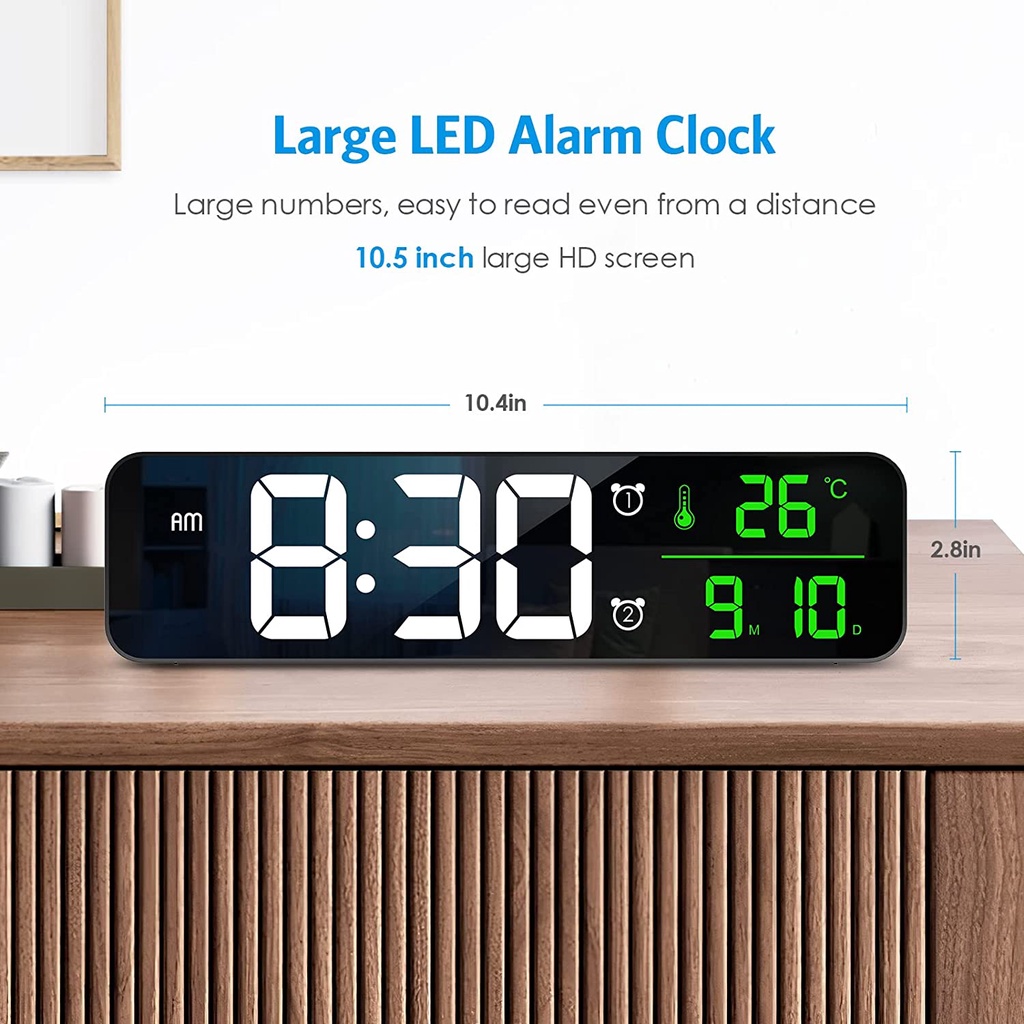 LED Digital Music Clock Large Display 10.5'' Alarm Wall Clock for