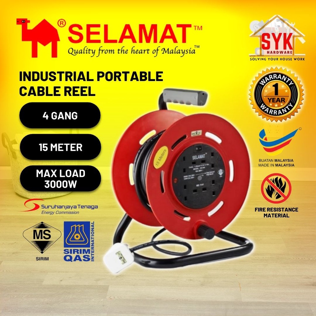 SYK SELAMAT 4 Gang 15 Meter Portable Extension Cable Reel Plug Wire Heavy Duty Extension Cord