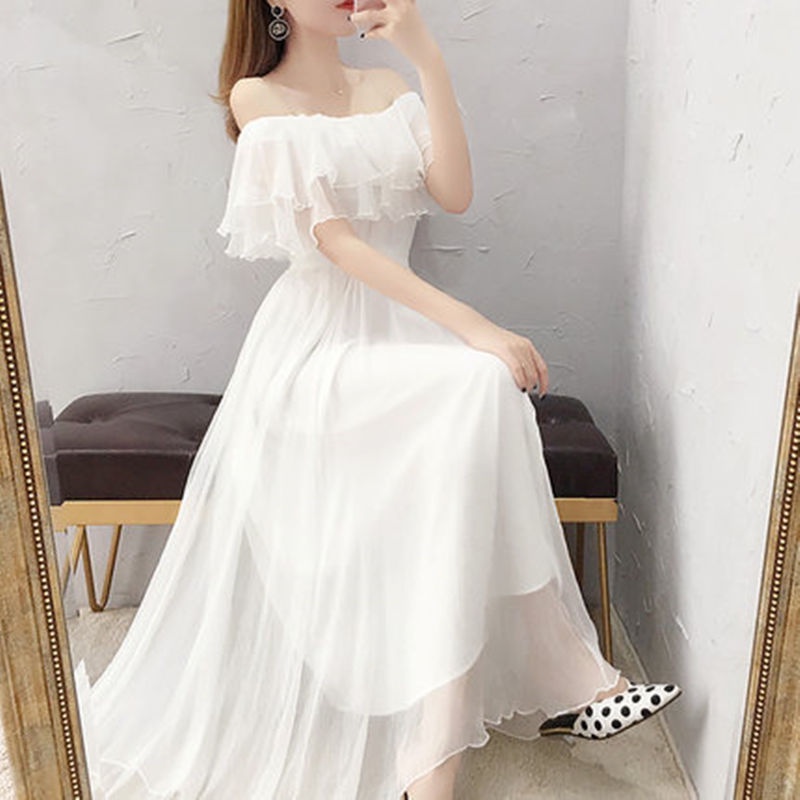 Summer New Korean Style Dress Woman Slim Off Shoulder Fairy White Chiffon  long Dresses for women | Shopee Malaysia
