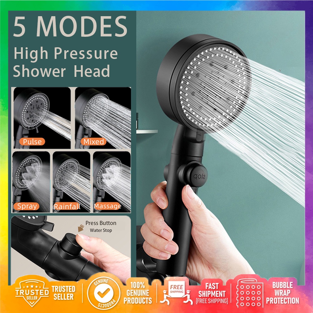 High Pressure Shower Head 5 Mode Adjustable One-key Stop Water Shower ...
