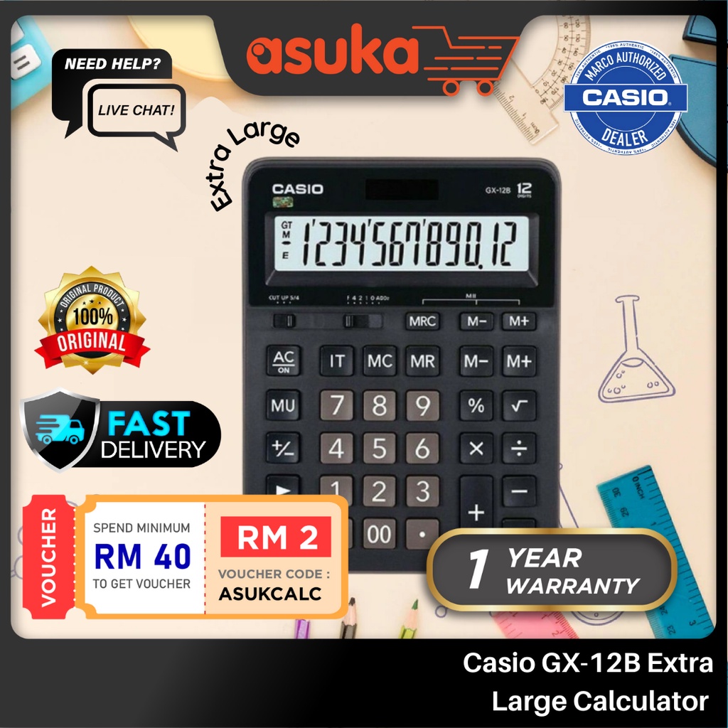 [12 Digits] Casio GX-12B Extra Large Calculator (12 Digit, 2 Way Power ...