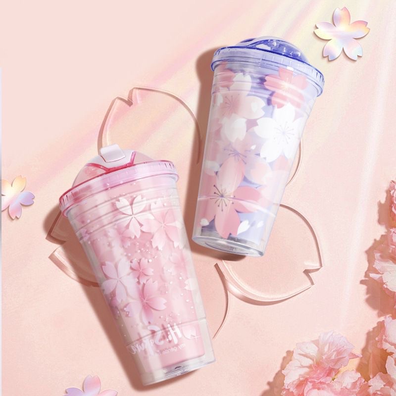 PRETTYLITTLE SAKURA BPA PLASTICS CUPS WITH LIDS & STRAW TUMBLER COFFEE