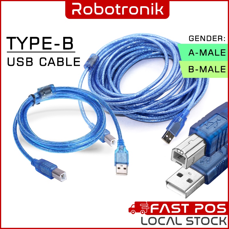 Type-B USB Cable (Data & Power) @ Male (Type-B) to Male (Type-A) compatible Arduino  UNO MEGA Printer
