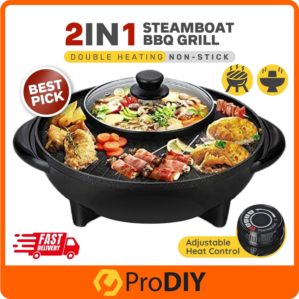 PRODIY 2 in 1 Electric BBQ Grill Electric Steamboat and Grill Electric