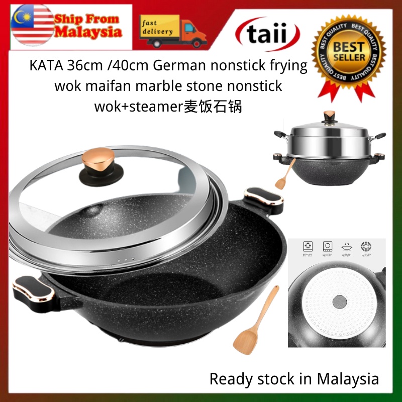 La gourmet 32cm x 9cm Nitrigan Cast Iron Open Wok with Double Wood Handles  with Induction