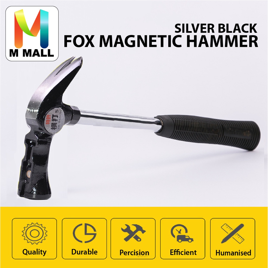 M MALL HEAVY DUTY STAINLESS STEEL JAPANESE SILVER BLACK FOX MAGNETIC HAMMER  WITH BUILT IN NAIL HOLDER STRIKE STRUCK TOOL