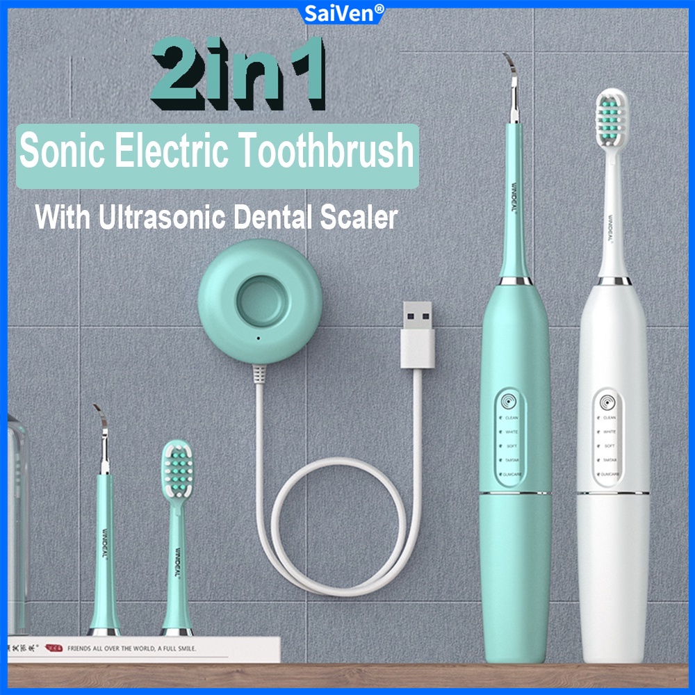2 in 1 Electric Ultrasonic Sonic Dental Scaler Toothbrush USB Whiten ...