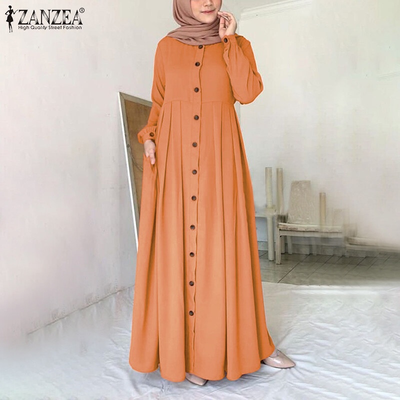 Hijabfab Zanzea Wanita Abaya Dubai Butang Ke Bawah Lengan Panjang Tunic Maxi Baju Pakaian