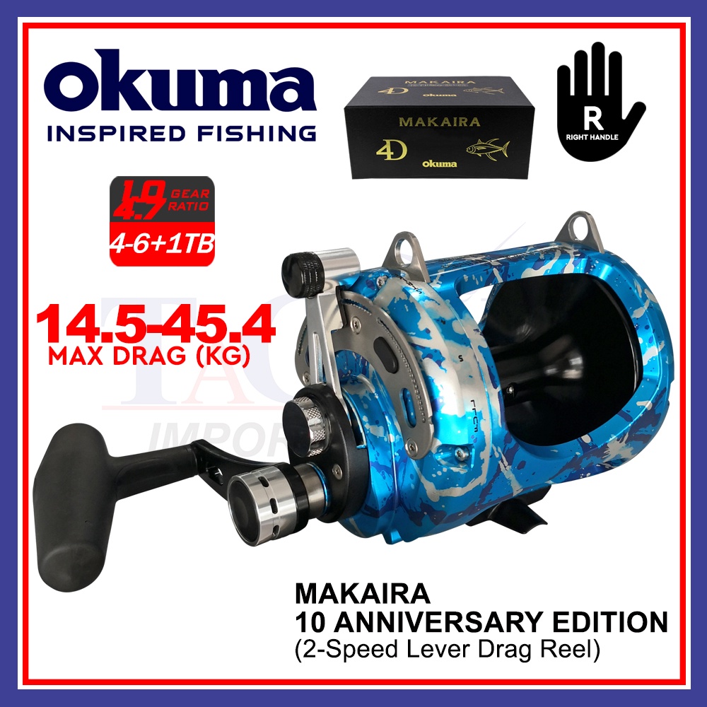 14.5kg-45.4kg Max Drag Okuma Makaira SEa BLUE 10th Anniversary Edition  2-Speed Level Drag Reel Right Handle