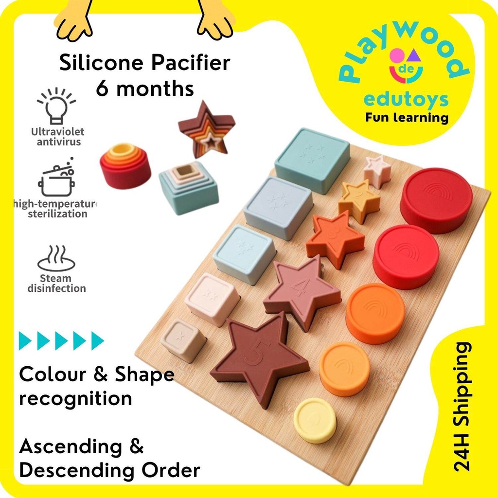 Baby Silicone Stacking Building Blocks Toys Wooden Board Montessori ...