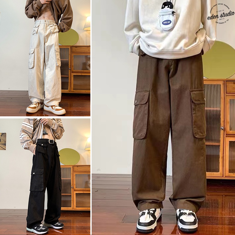 High Waist Korean Fashion Multi Pocket Cargo Pant Men Style Straight ...