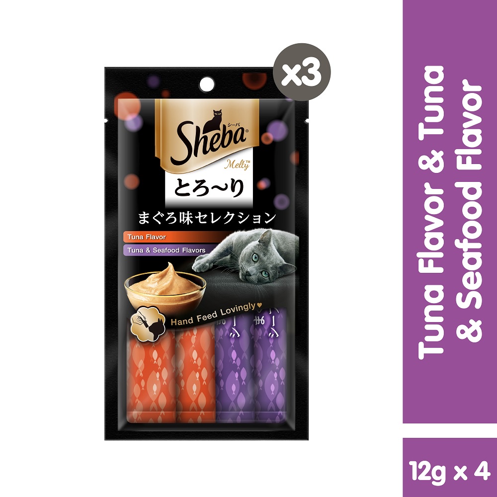 SHEBA Melty Cat Treat Tuna and Tuna and Seafood Flavors, 48gx3. Pet