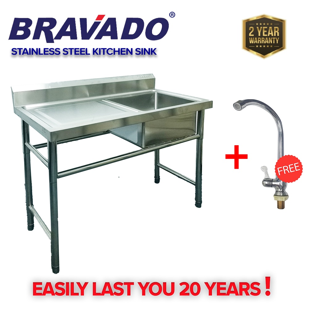 [1.2M/4FT] BRAVADO Kitchen Sink RIGHT Single Bowl + Water Tap / Sinki