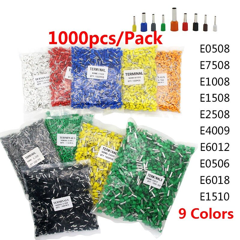 1000pcs/Pack E0508 E7508 E1008 E1508 E2508 Insulated Ferrules Terminal ...