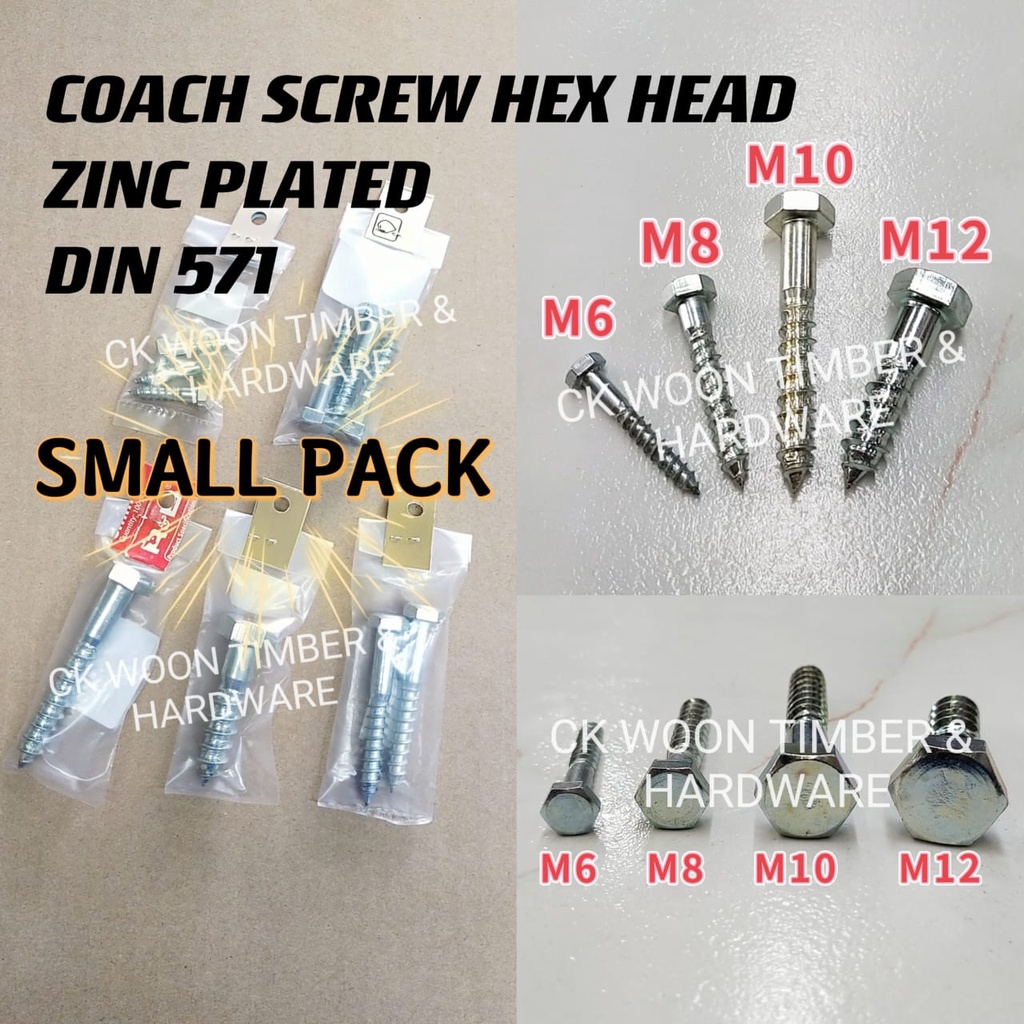 (SMALL PACK) Zinc Plated Steel Hex Head Self Tapping Lag Wood Screws