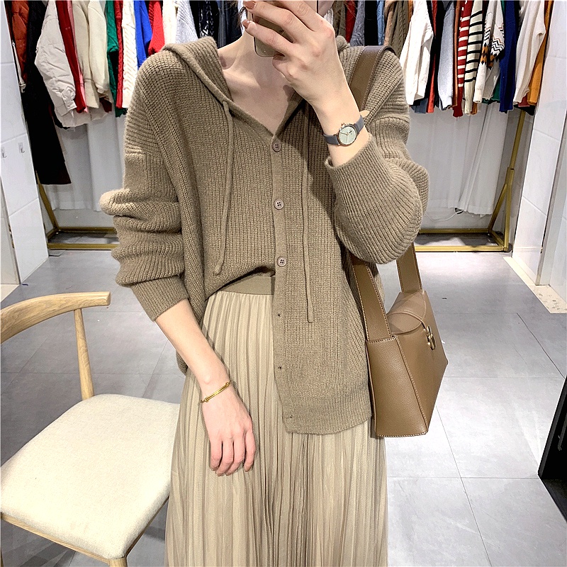 Korean Style Autumn Hooded Sweater Women Long Sleeves Soft WaxyCardigan ...