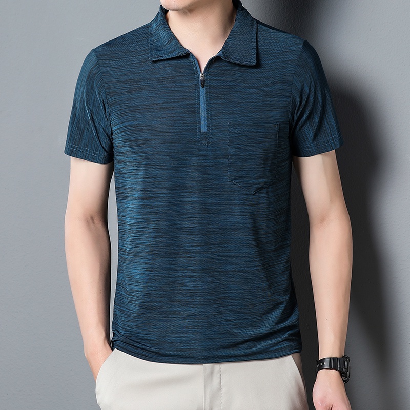 Men Polo Shirt Short Sleeve Ice Silk Korean Version Slim Fit Zipper