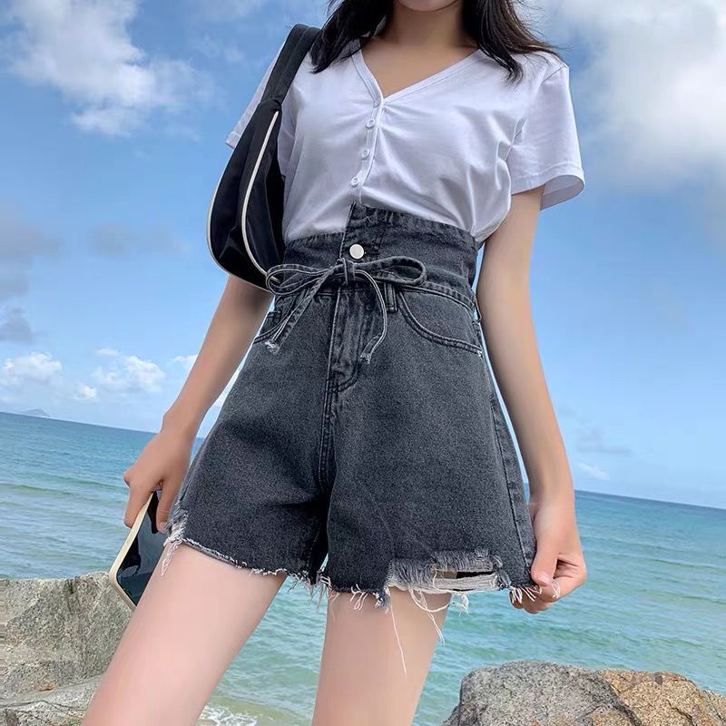 大码链条牛仔短裤女2021年新款胖妹妹Mm开叉高腰热裤欧美辣妹风潮