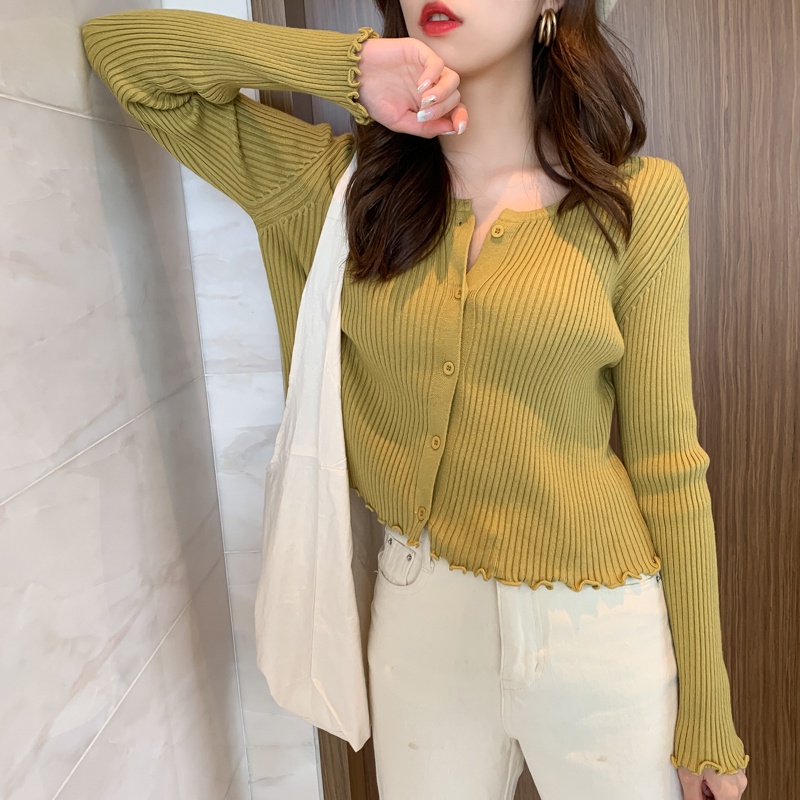 Korean style long sleeve front button crop premium knit Cardigan