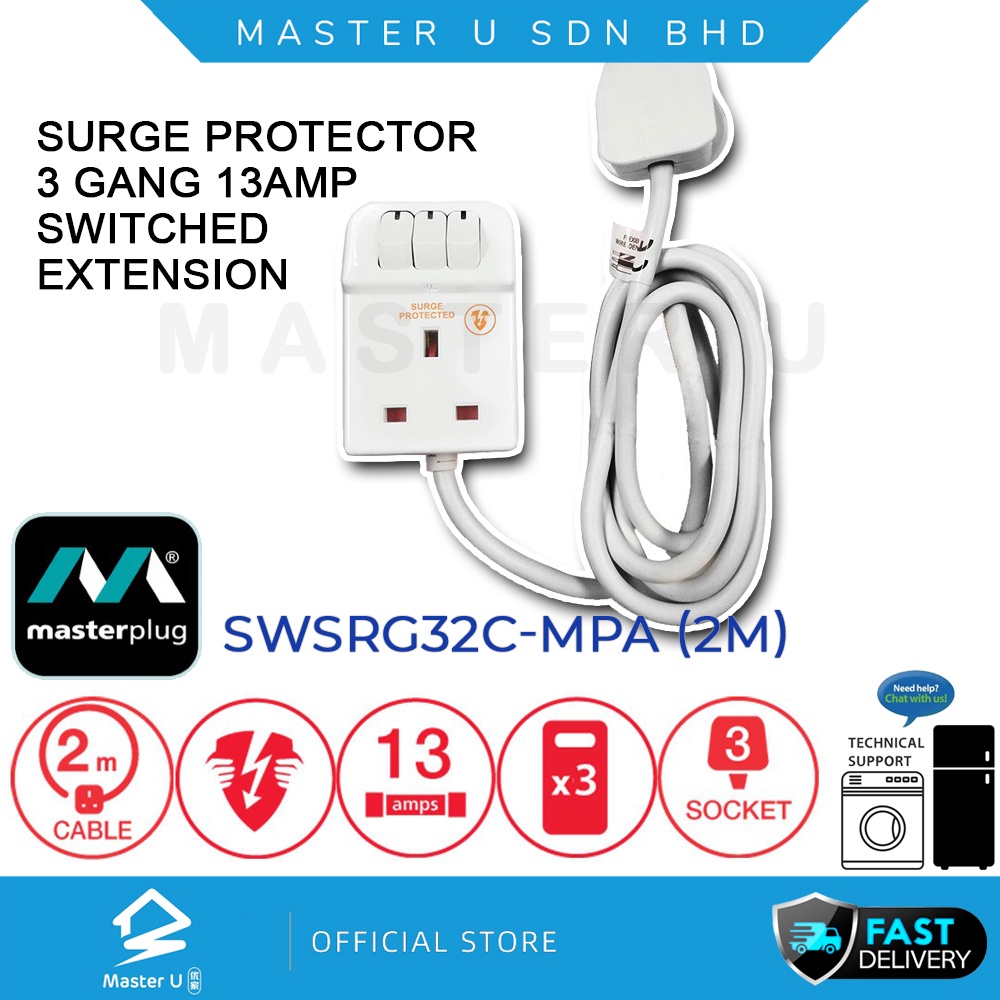 Masterplug Surge Protector 3 Gang 13amp Switched extension Lead 2M