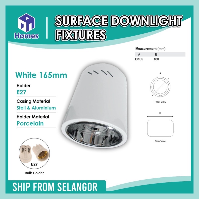 Surface Downlight Casing Down Light 4” / 6” / 8” E27 Black/ White Flush ...
