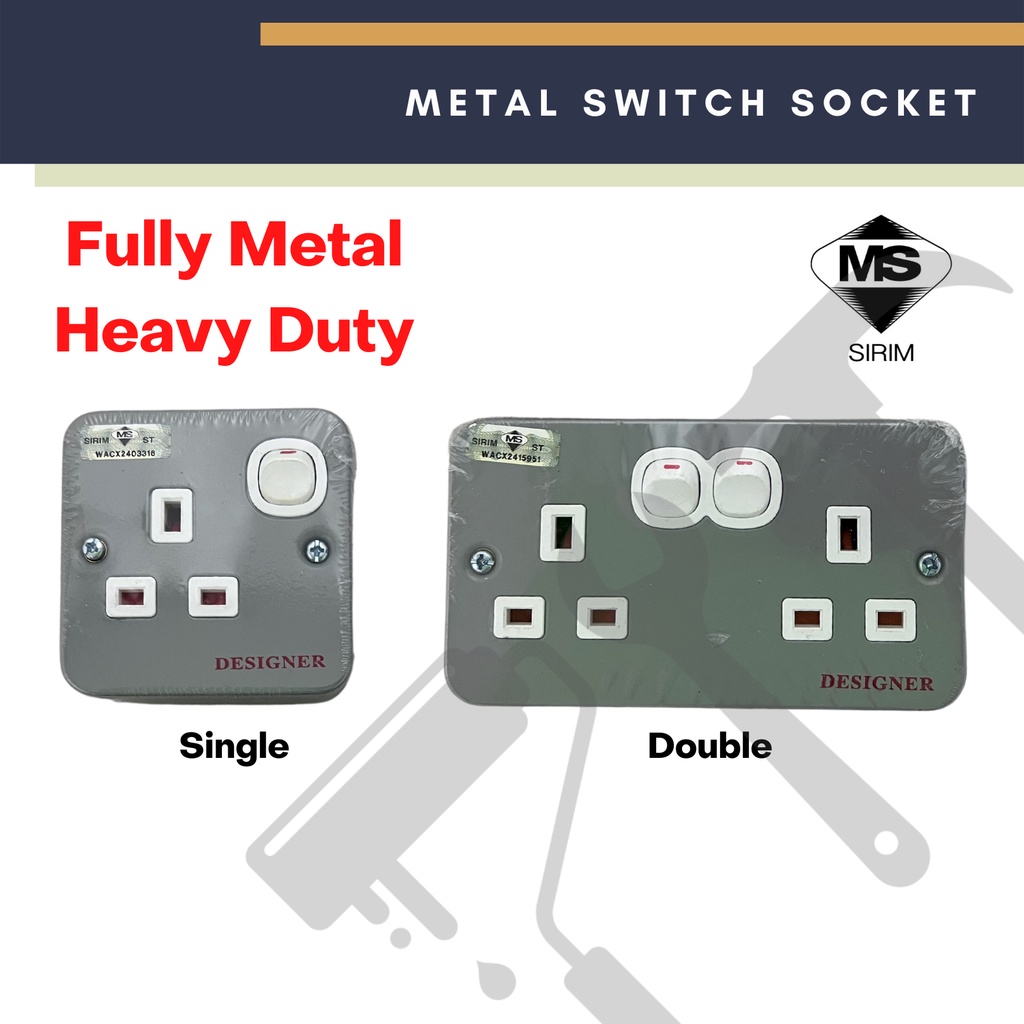 [SIRIM]13AMP Metal Switch Socket 2 Gang Socket 1 Gang Socket Single Socket Double Socket