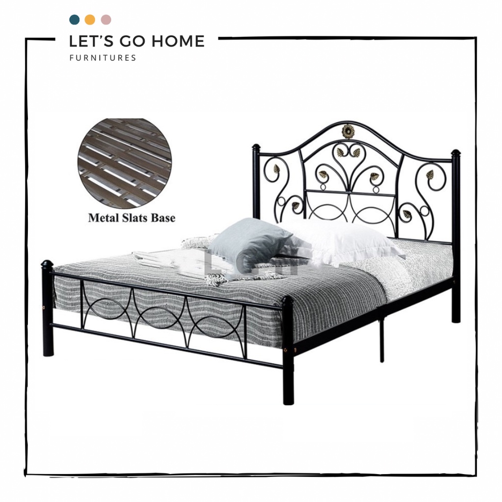 Matte Black Metal Queen Bed Frame Katil Besi Queen Metal Slats Base Bed Frame Katil Queen