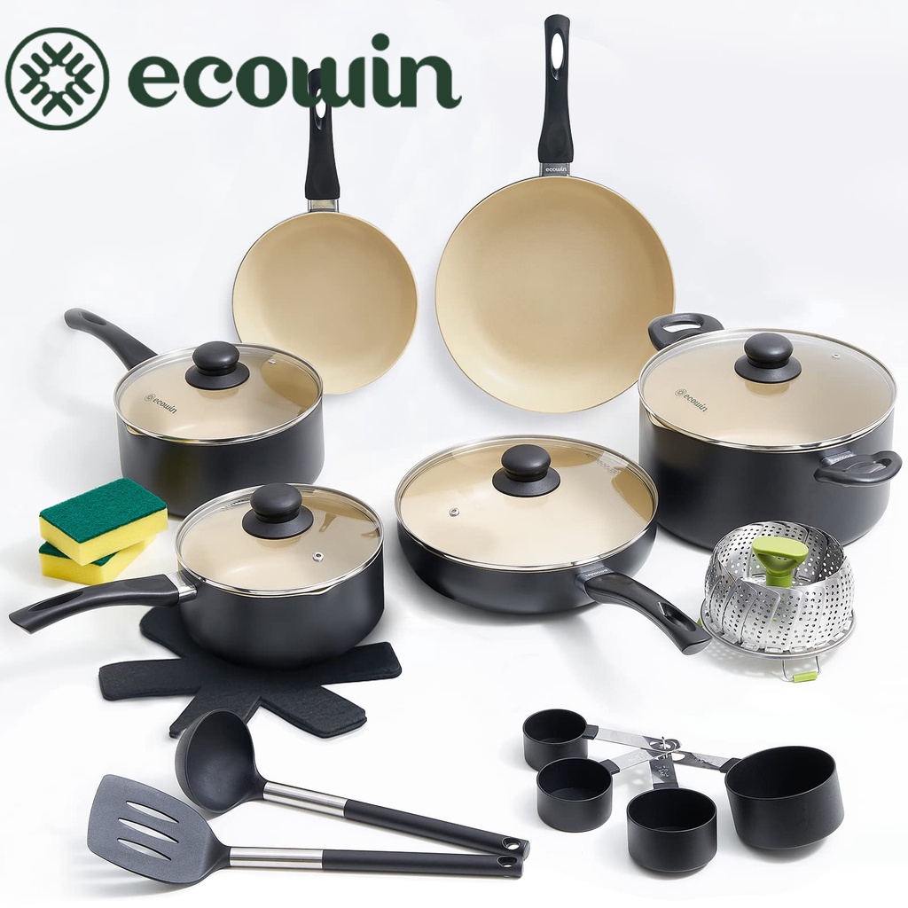 Ecowin Nonstick Cookware Pots and Pans Set 22 Piece Granite Coating Non