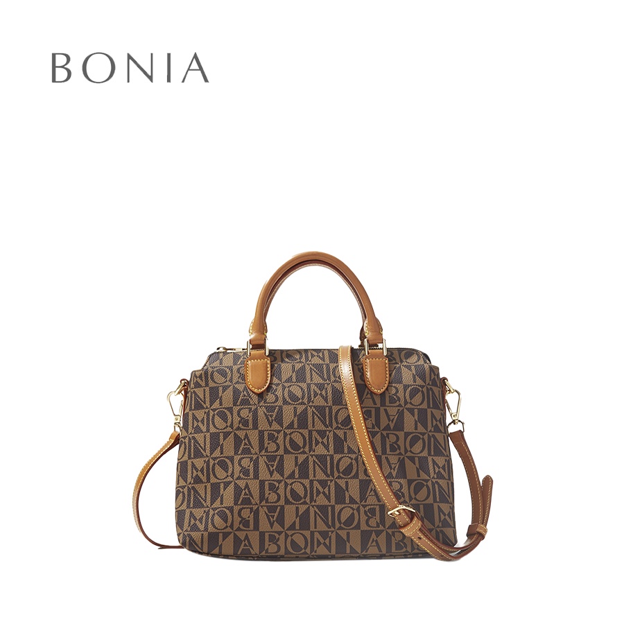 Bonia Dark Brown Monogram Structured Satchel Sling Shopee Malaysia