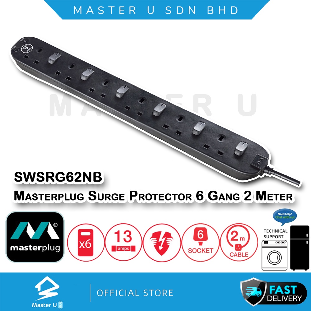MASTERPLUG SURGE PROTECTOR 6 GANG SWITCHED EXTENSION LEADS Black 2M