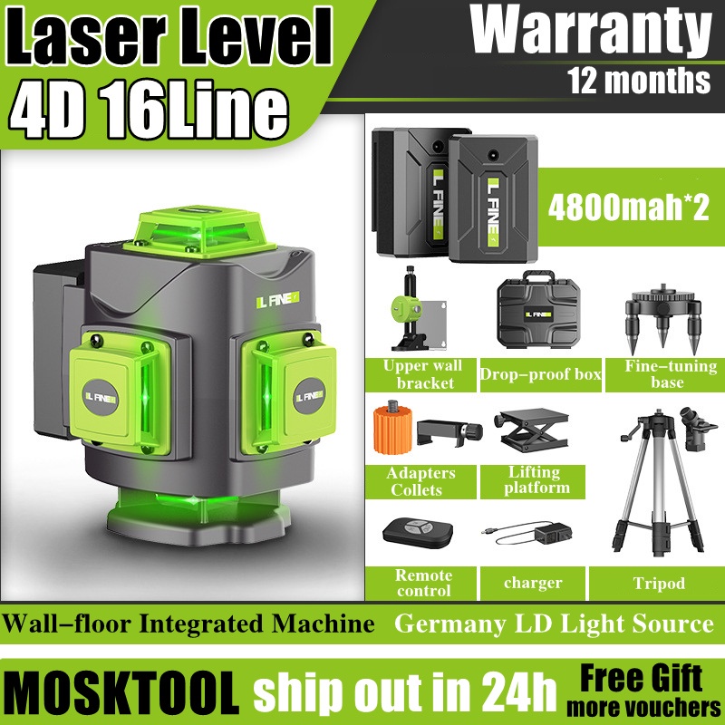4D 12/16 Line laser level meter Tripod SelfLeveling green laser Auto