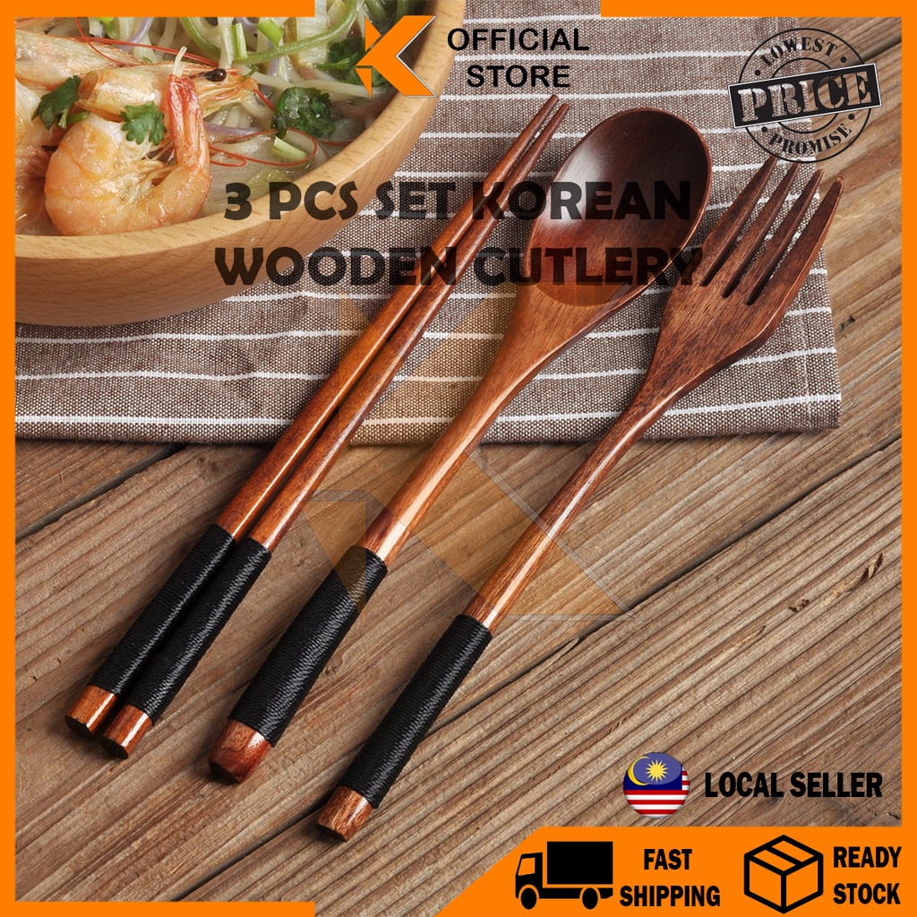 【KHome】3Piece Set Korean Wooden Cutlery Tableware Fork Spoon