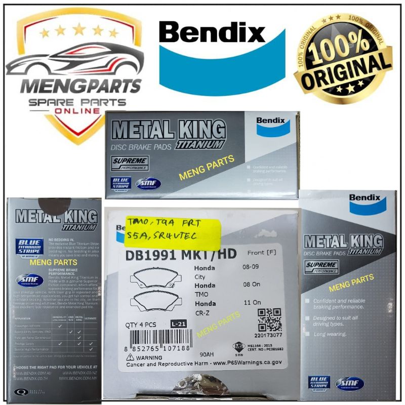 ORIGINAL BENDIX MATEL KING BLUE TITANIUM FRONT DISC PAD HONDA CRZ ,CITY ...