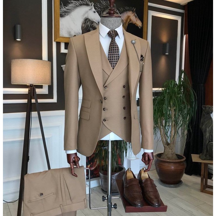 Men's Suit Brown 3 Pieces Peak Lapel Slim Fit Formal Prom Party Dinner