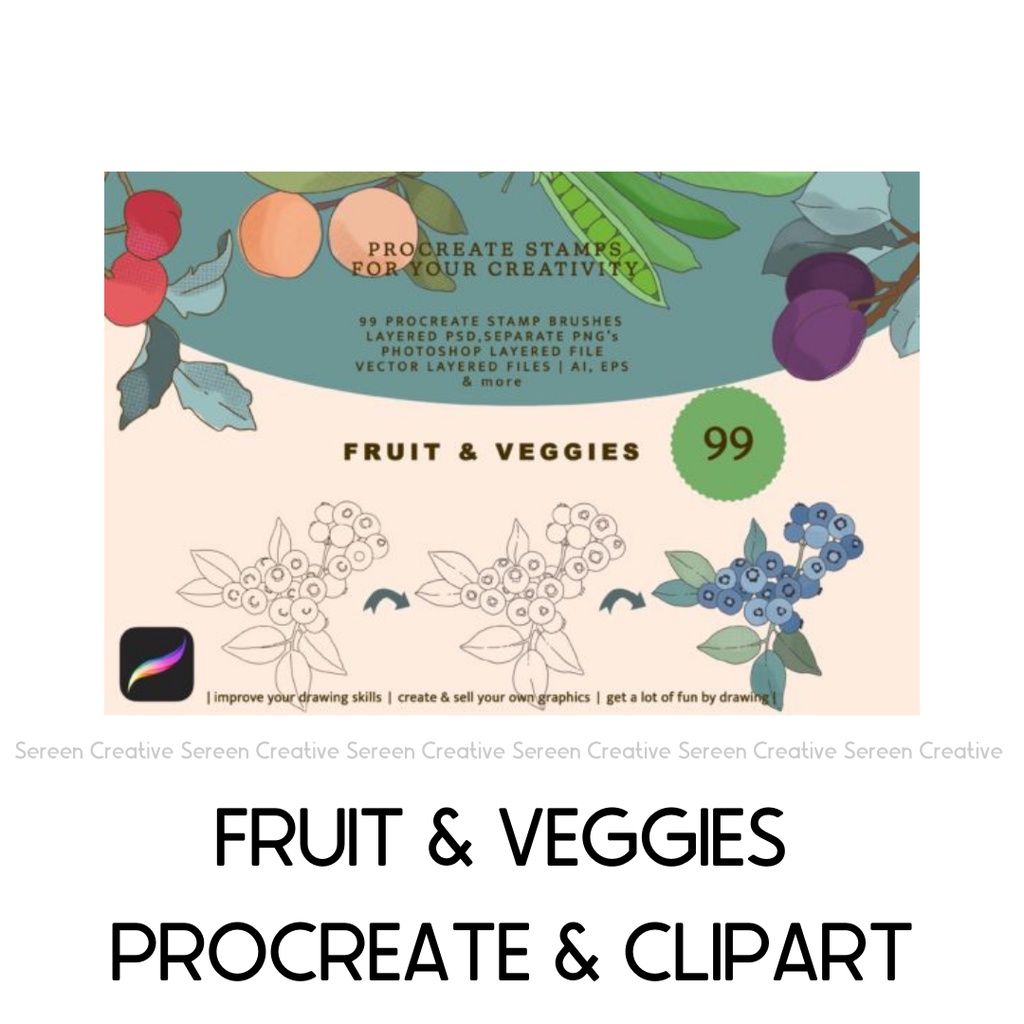 P93 Fruit & Veggies Procreate Stamps & Clipart (Fruits, vegetable ...