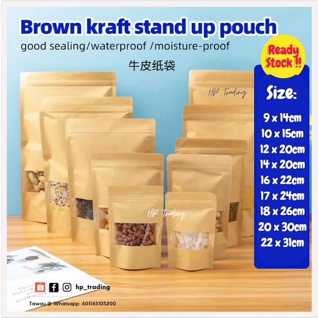 Brown Kraft Stand Up Pouch Paper Bag Plastic Packaging With Clear ...