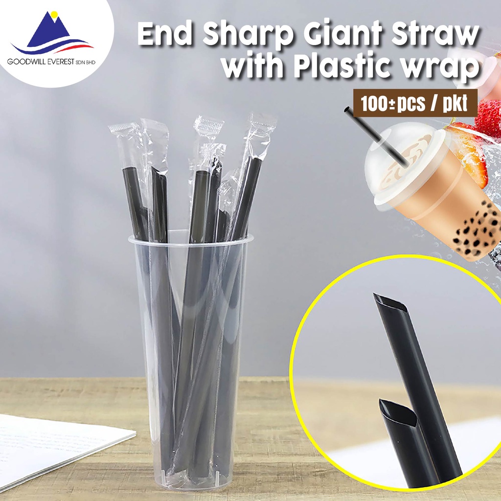 (100pcs+- ) 12mm X 230mm Black Giant Straw End Sharp With Plastic Wrap 