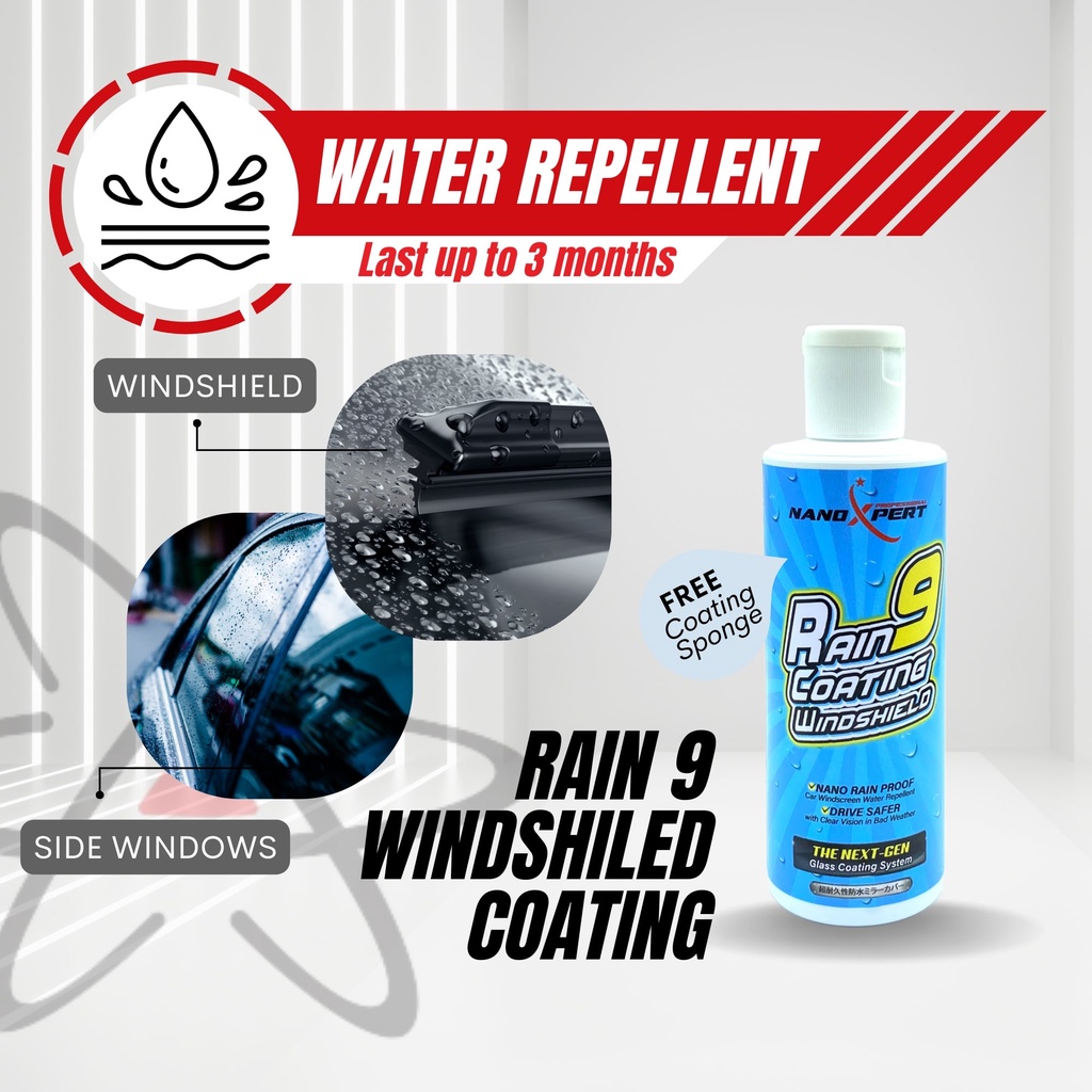 Cermin Rain9 Windshield Coating, Window Pure Coating, Kalis Air Cermin, Rainx Glass Repellent [NANOLAB/NANOXPERT]