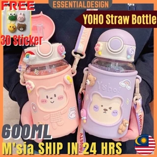 YOHO 600ml Shoulder Strap Water Bottle With Straw Kid Student Cartoon Botol Air Kanak Tali BPA Free Children Tumbler Cup