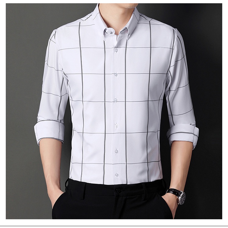 Casual Non Iron Plaid Long Sleeve Business Slim Fit Korean Style Man