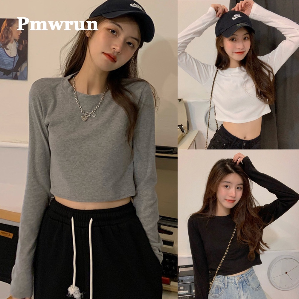 Pmwrun Basic Style Long Sleeve Bottoming Shirt Korean Style Solid Color